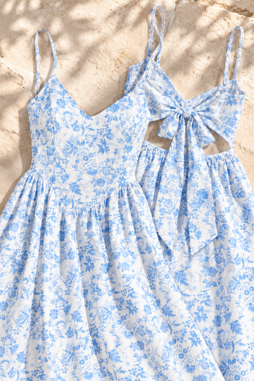 Bow Back Printed V-Neck Cami Dress in Light Blue, fabric, print and bow construction detail