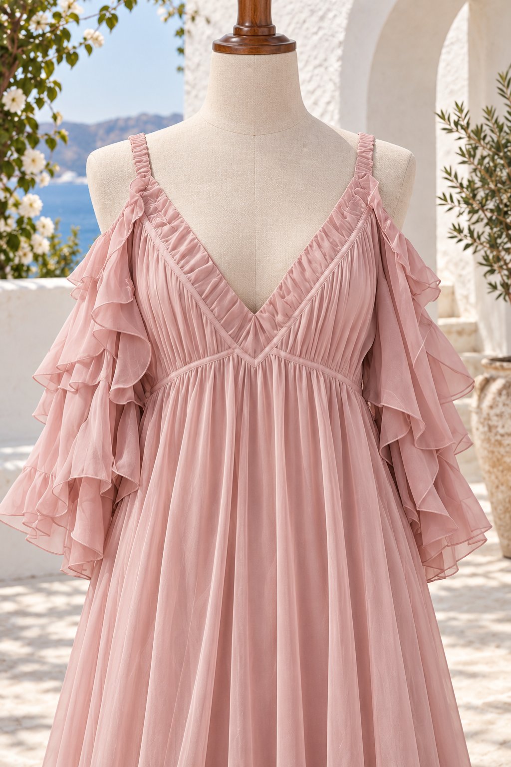 Cold-shoulder ruffled maxi dress in Dusty Pink — chiffon and ruffle construction detail