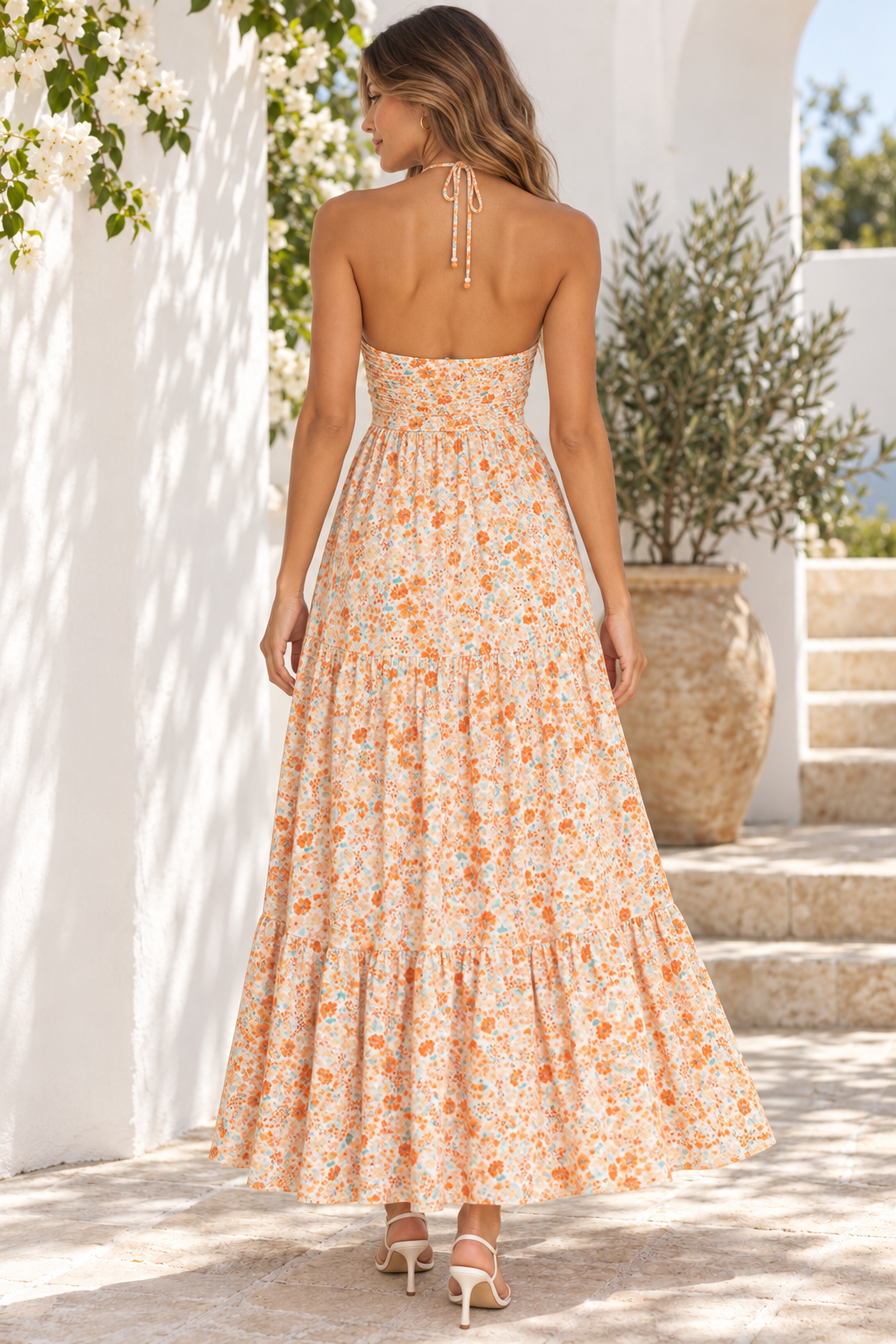 Floral Halter Neck Tiered Maxi Dress in Sherbet, back full-length view