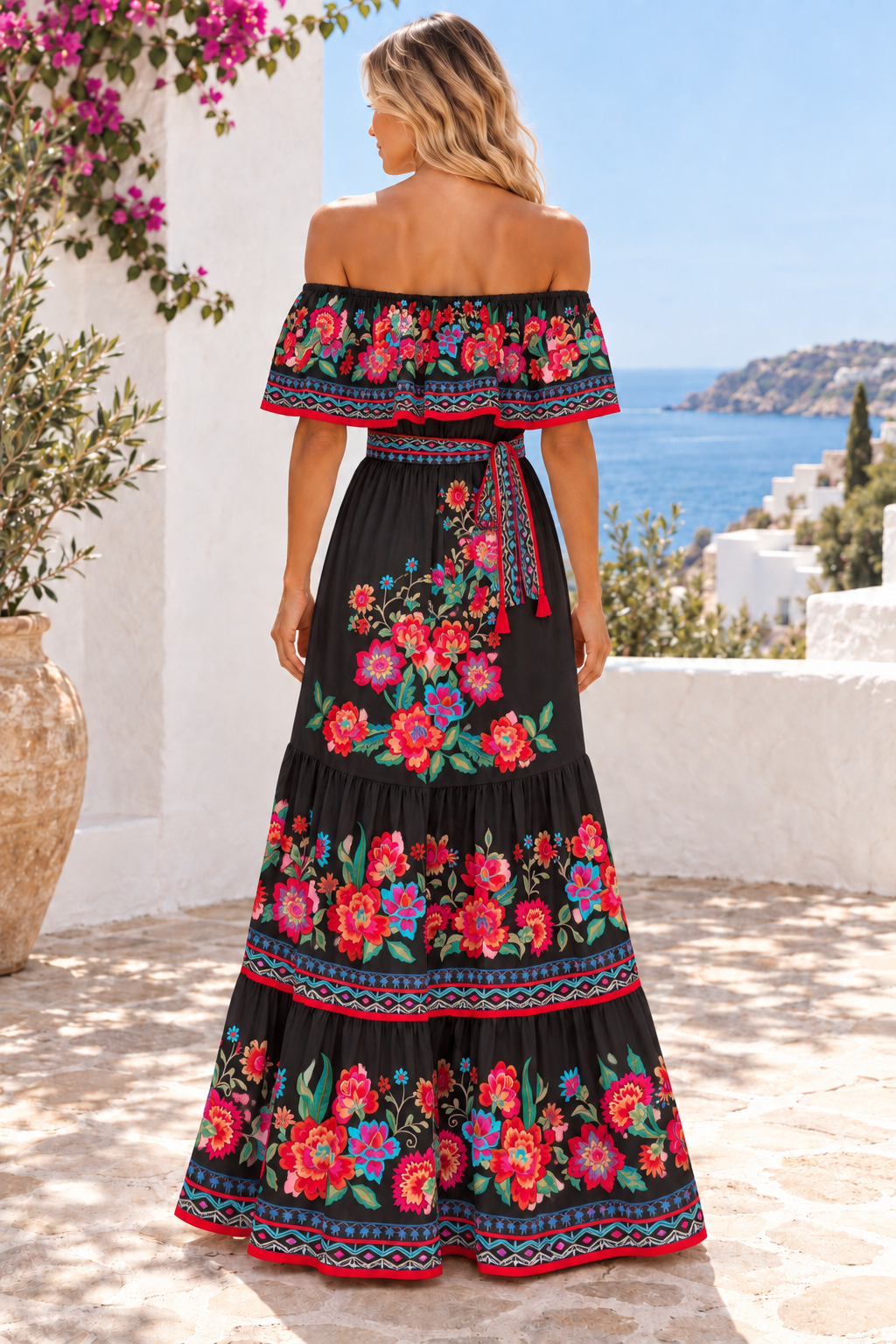Floral Off Shoulder Ruffle Maxi Dress in Black, back full-length view