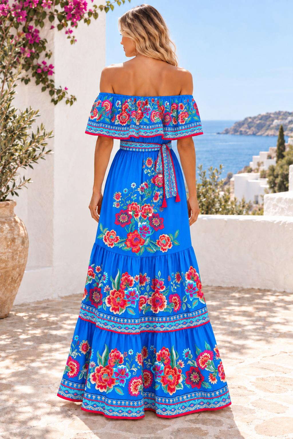 Floral Off Shoulder Ruffle Maxi Dress in Blue, back full-length view