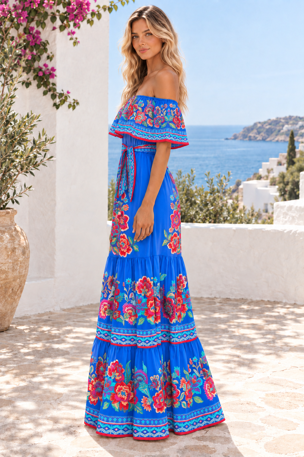 Floral Off Shoulder Ruffle Maxi Dress in Blue, side profile view