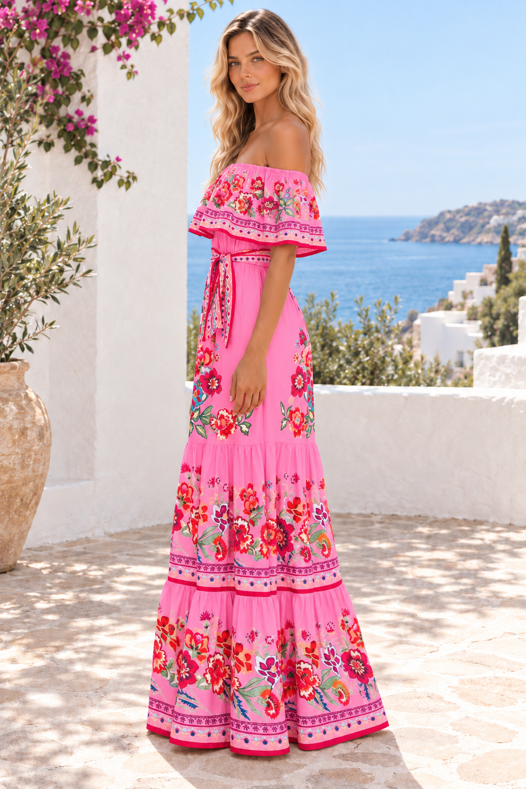 Floral Off Shoulder Ruffle Maxi Dress in Fuchsia Pink, side profile view