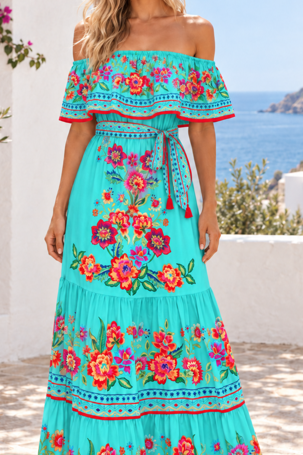 Floral Off Shoulder Ruffle Maxi Dress in Turquoise, floral fabric and construction detail