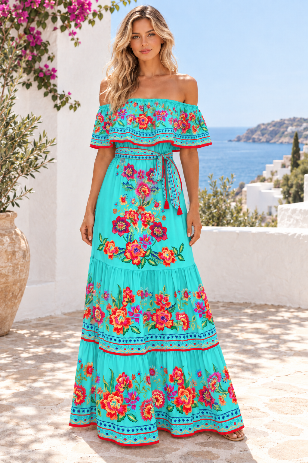 Floral Off Shoulder Ruffle Maxi Dress in Turquoise, front full-length view