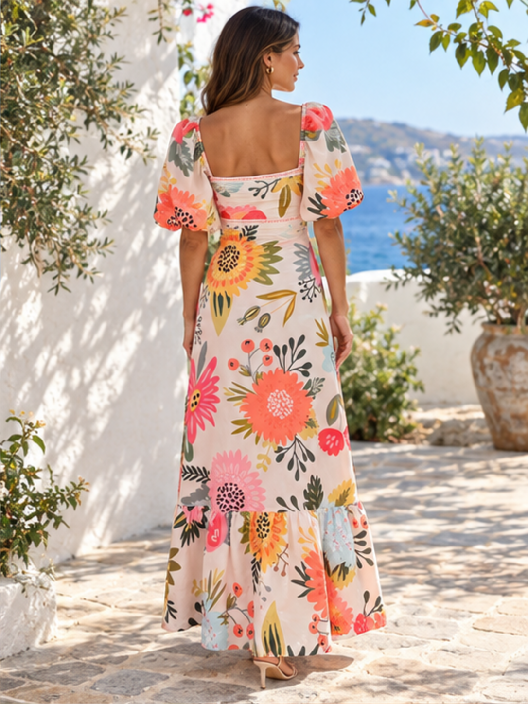 Floral print puff-sleeve maxi dress in watermelon pink floral, back full-length view