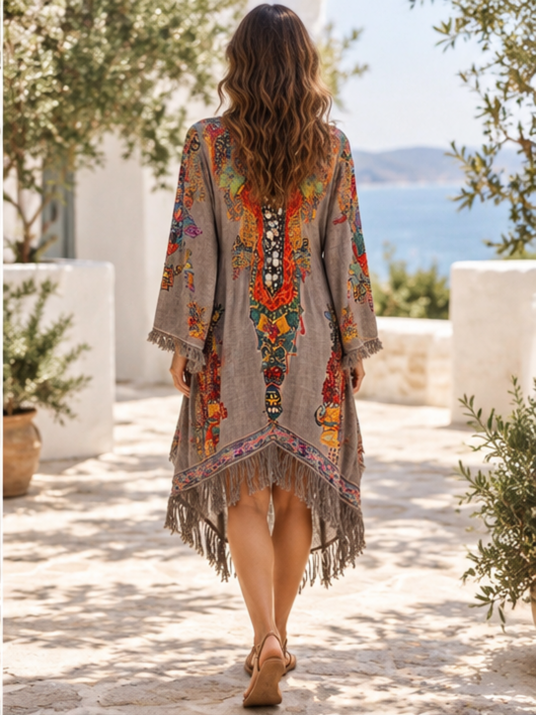 Gray printed fringe-hem long-sleeve dress, back full-length view
