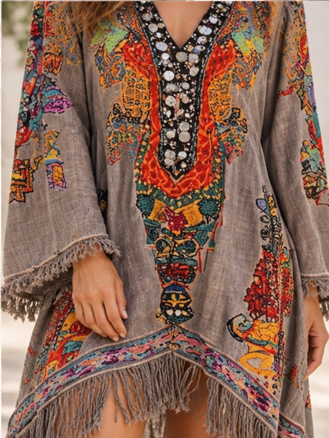 Gray printed fringe-hem long-sleeve dress, close-up of ornamental print, neckline embellishment and fringe construction