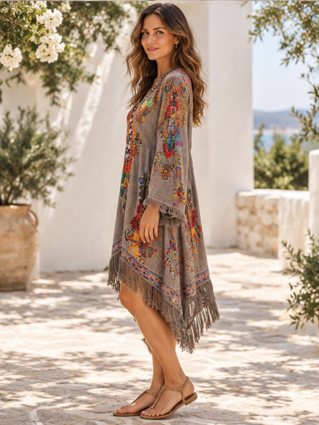 Gray printed fringe-hem long-sleeve dress, side profile view