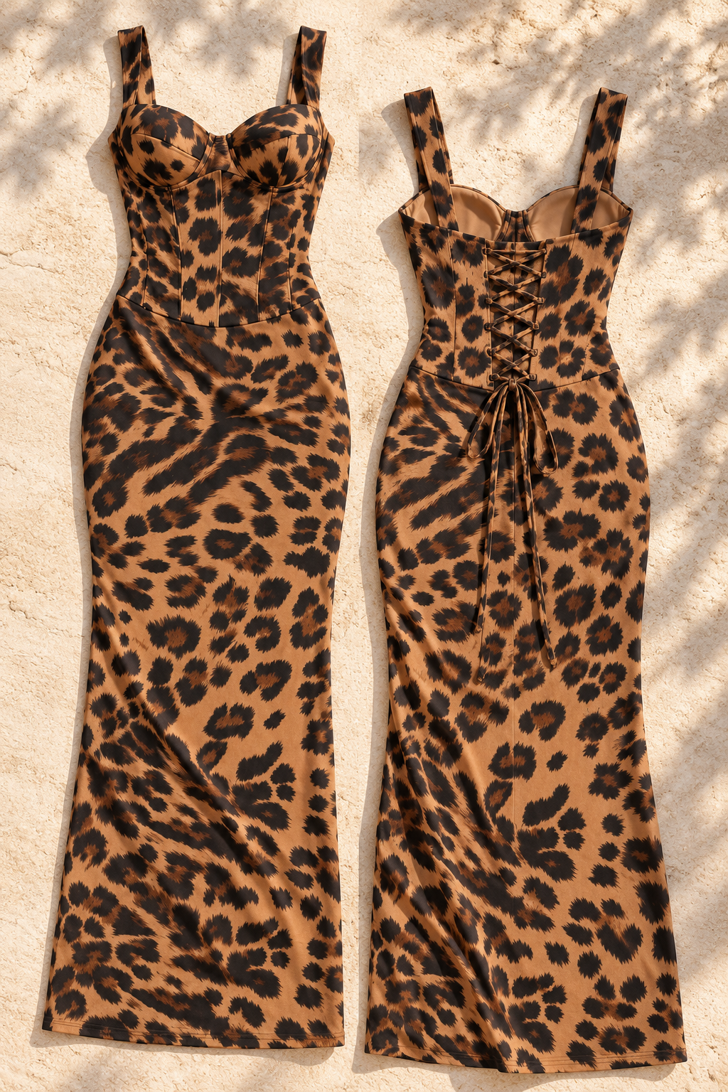 Leopard Sweetheart Neck Maxi Dress, sweetheart bodice, panel seams and lace-up construction detail