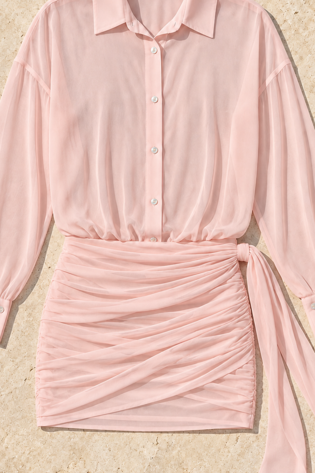 Sheer Button-Down Mini Shirt Dress with Back Tie in Blush Pink, fabric and construction detail
