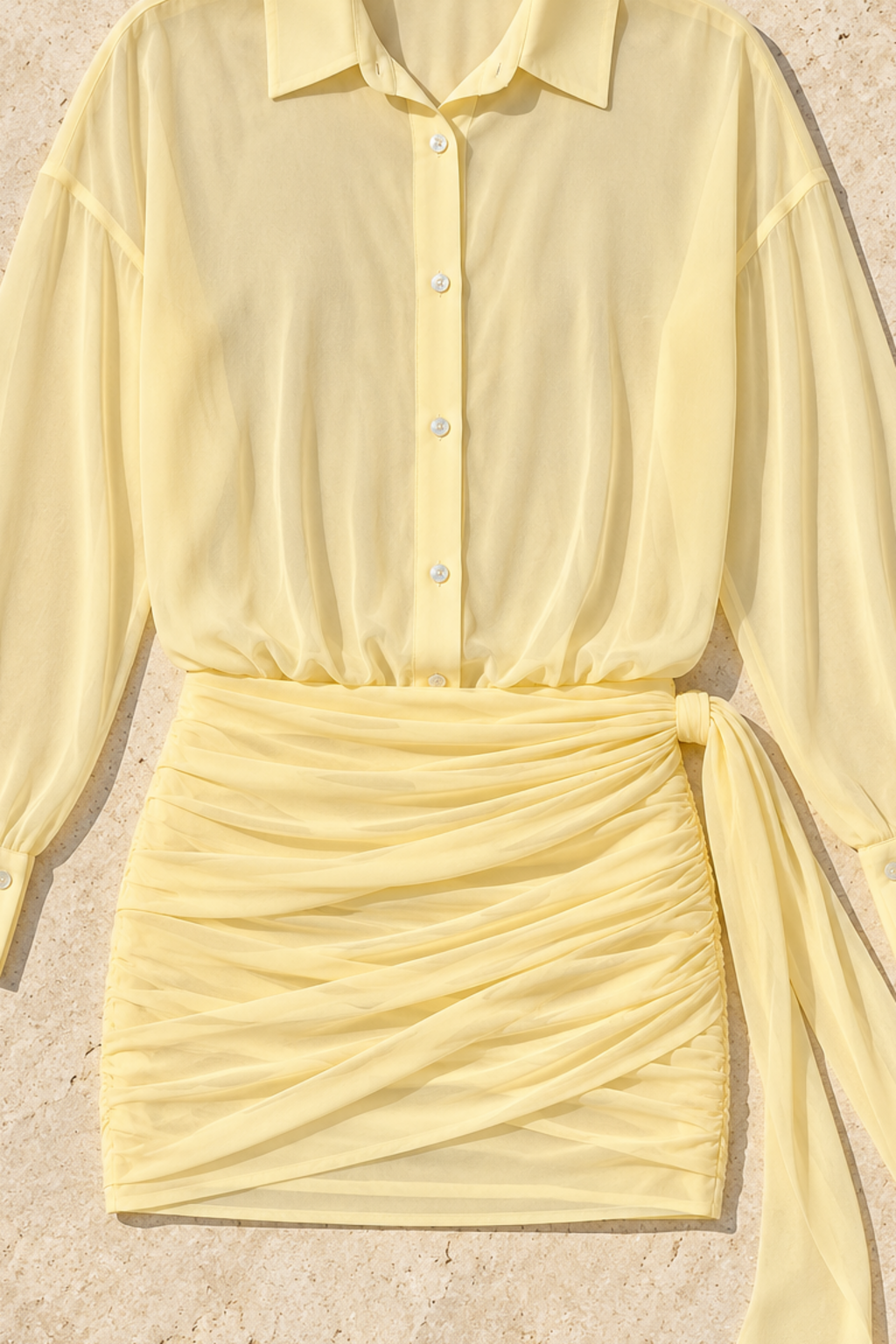 Sheer Button-Down Mini Shirt Dress with Back Tie in Pastel Yellow, fabric and construction detail