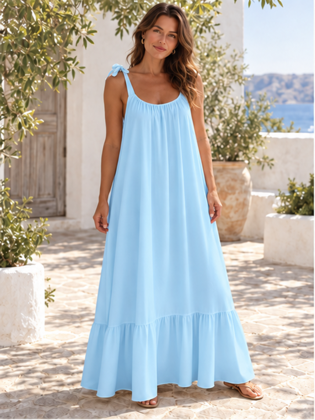 Sleeveless tie-strap flowy maxi dress in sky blue, front full-length view