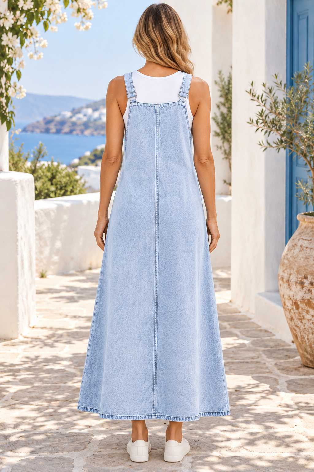 Adjustable shoulder straps denim overall dress in Sky Blue — back full-length view