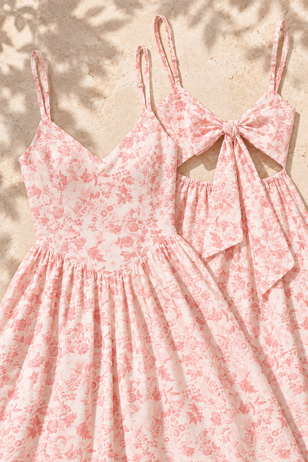 Bow Back Printed V-Neck Cami Dress in Blush Pink, fabric, print and bow construction detail