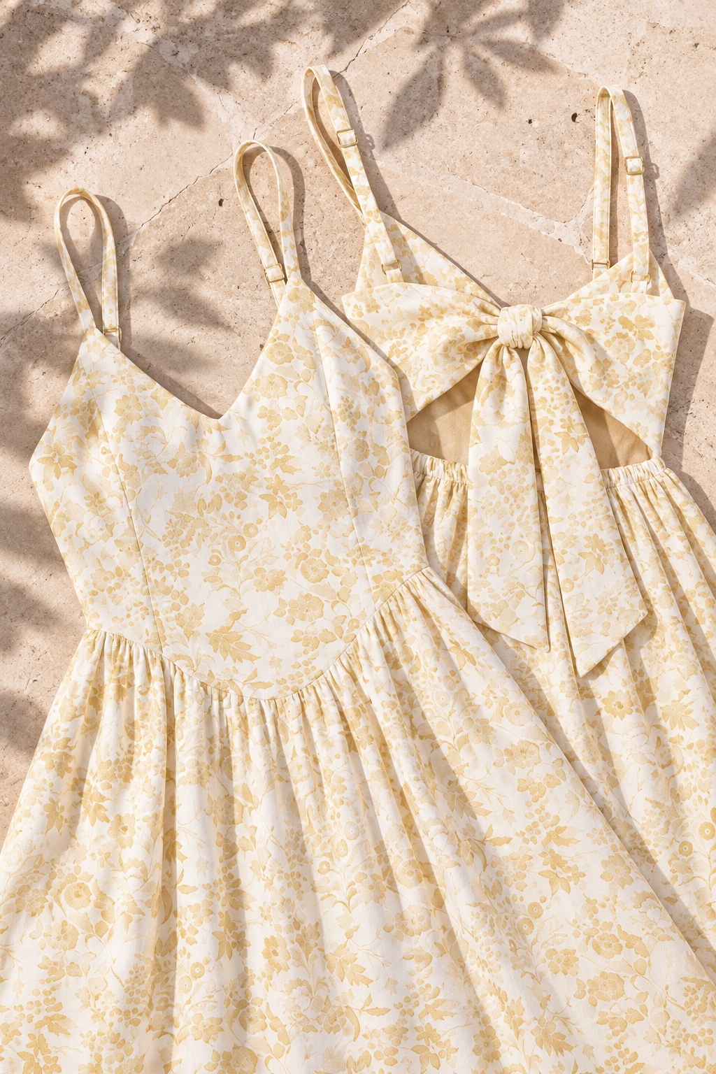 Bow Back Printed V-Neck Cami Dress in Pastel Yellow, fabric, print and bow construction detail
