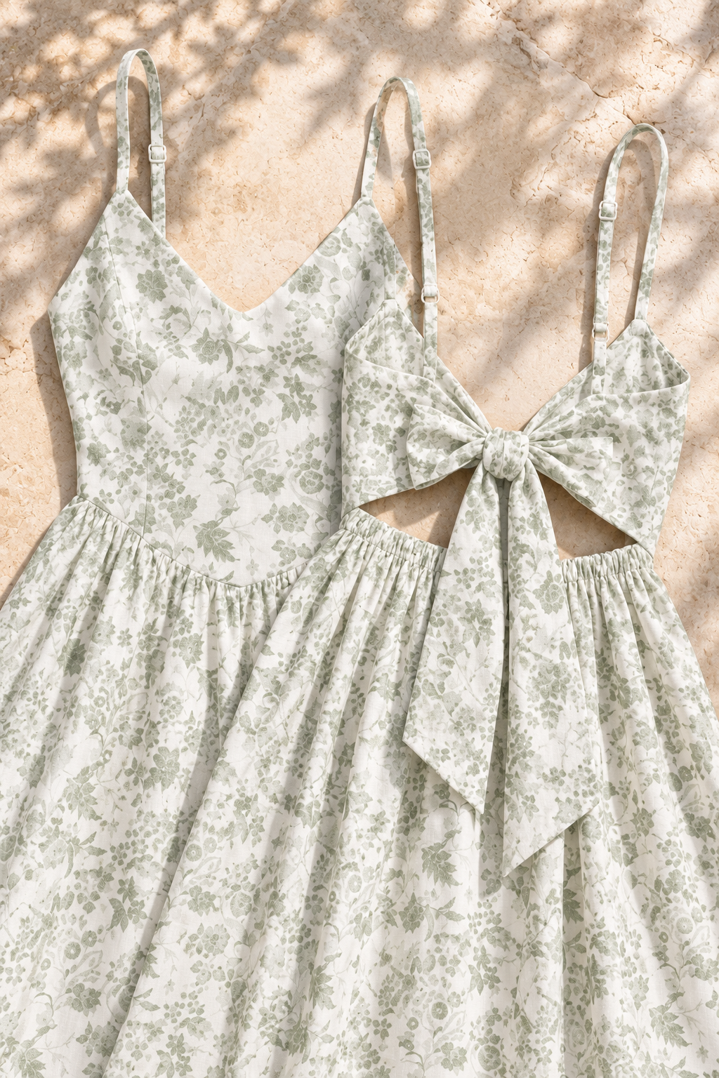 Bow Back Printed V-Neck Cami Dress in Sage, fabric, print and bow construction detail
