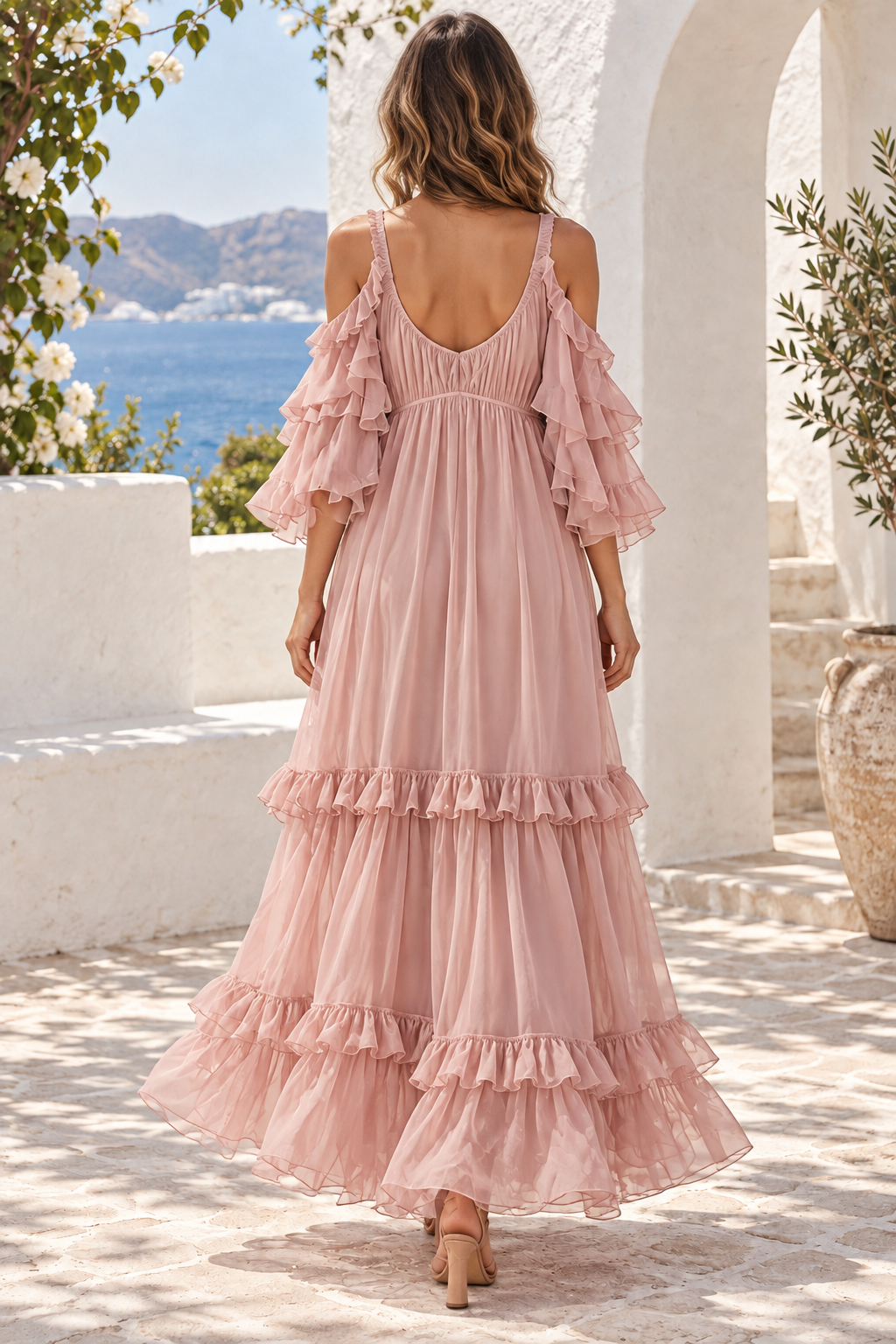 Cold-shoulder ruffled maxi dress in Dusty Pink — back full-length view