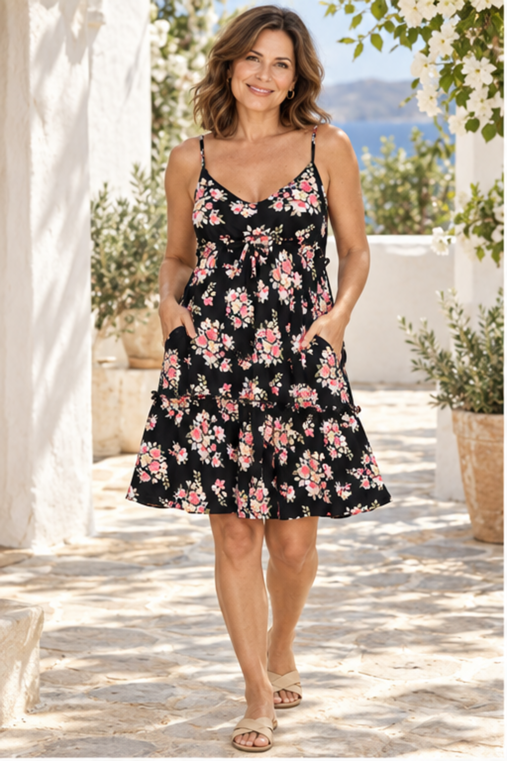 Floral frill cami dress in black, front full-length view