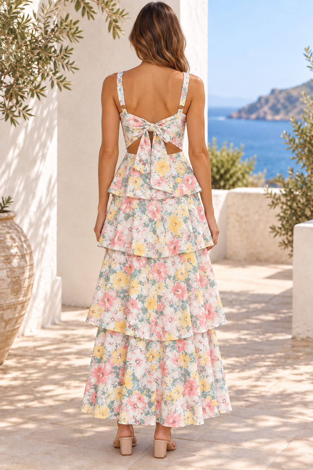 Floral Layered Maxi Dress in Floral, back full-length view