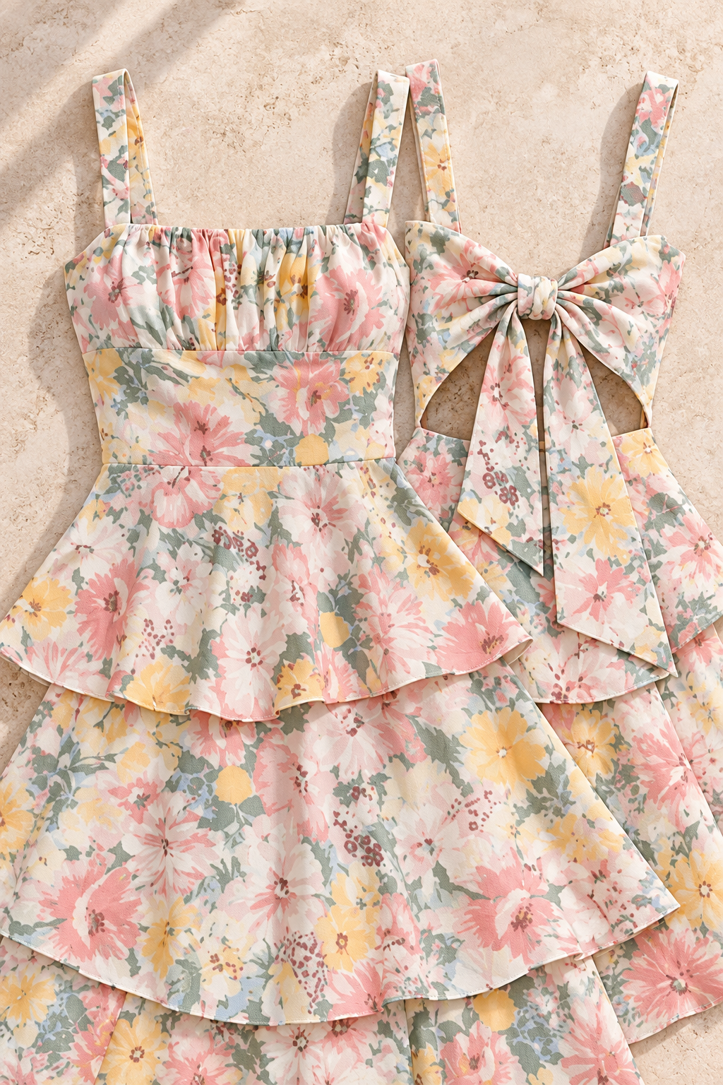 Floral Layered Maxi Dress in Floral, fabric, print, ruched bodice and bow construction detail