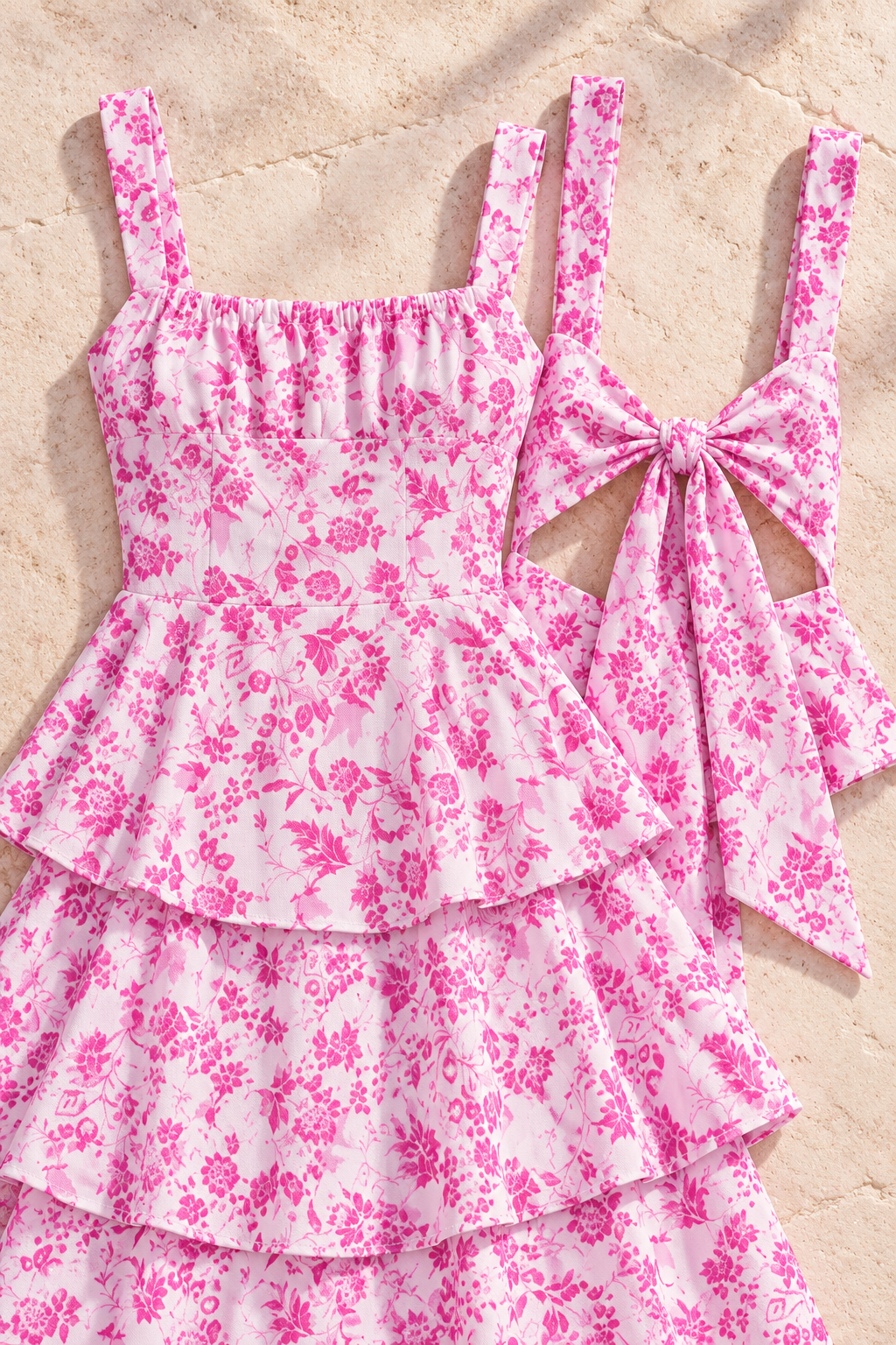 Floral Layered Maxi Dress in Fuchsia Pink, fabric, print, ruched bodice and bow construction detail