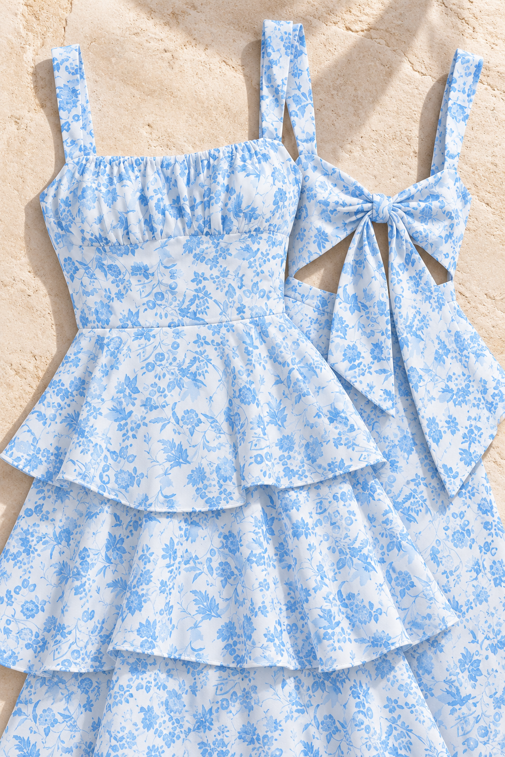 Floral Layered Maxi Dress in Light Blue, fabric, print, ruched bodice and bow construction detail