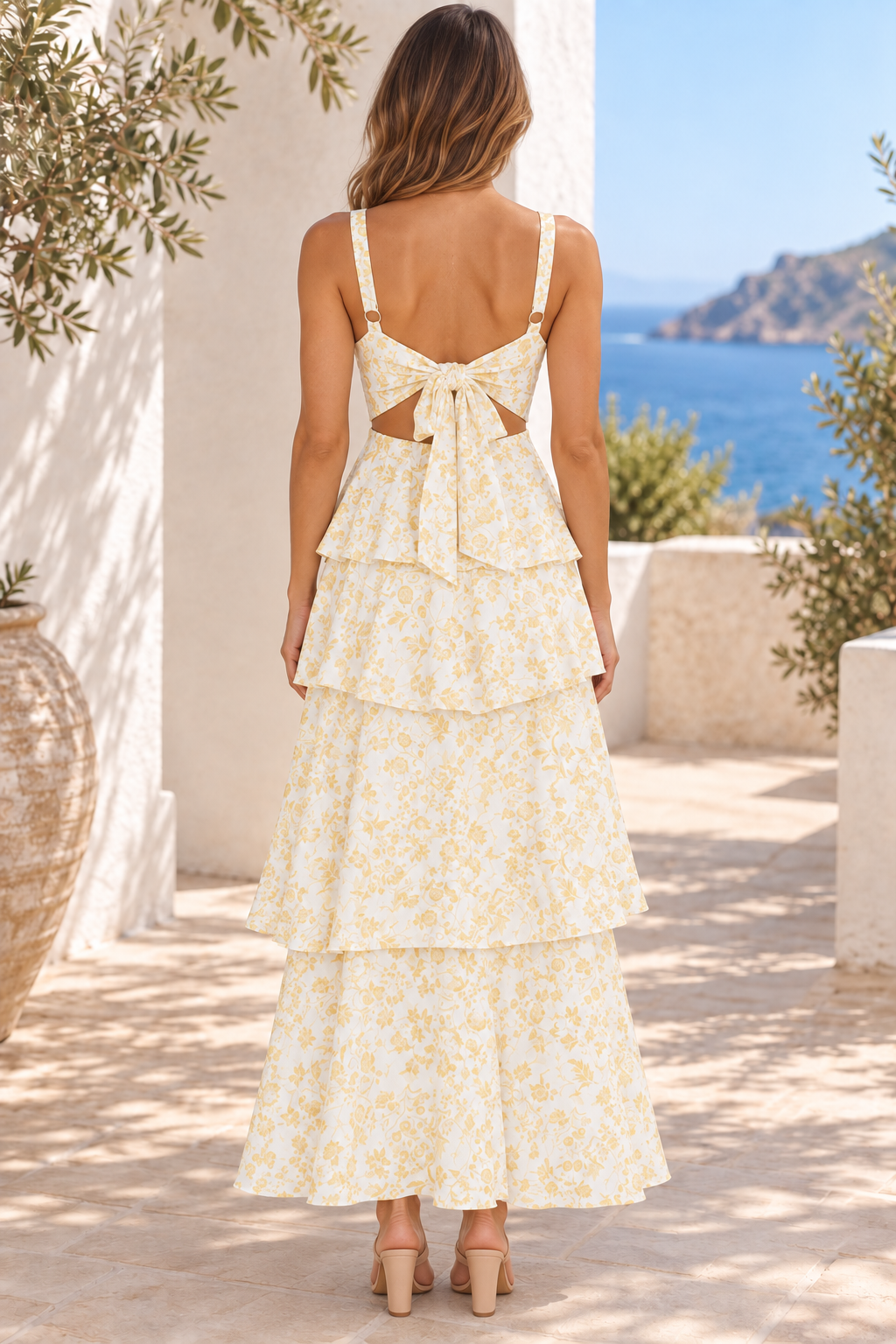 Floral Layered Maxi Dress in Pastel Yellow, back full-length view