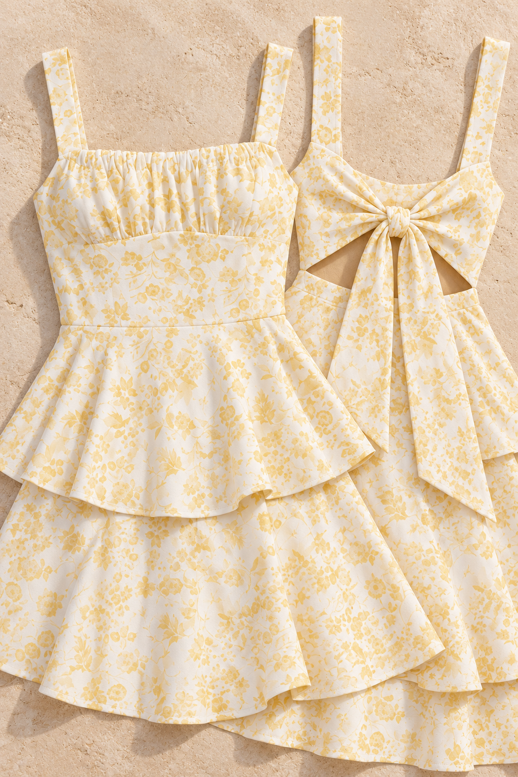 Floral Layered Maxi Dress in Pastel Yellow, fabric, print, ruched bodice and bow construction detail