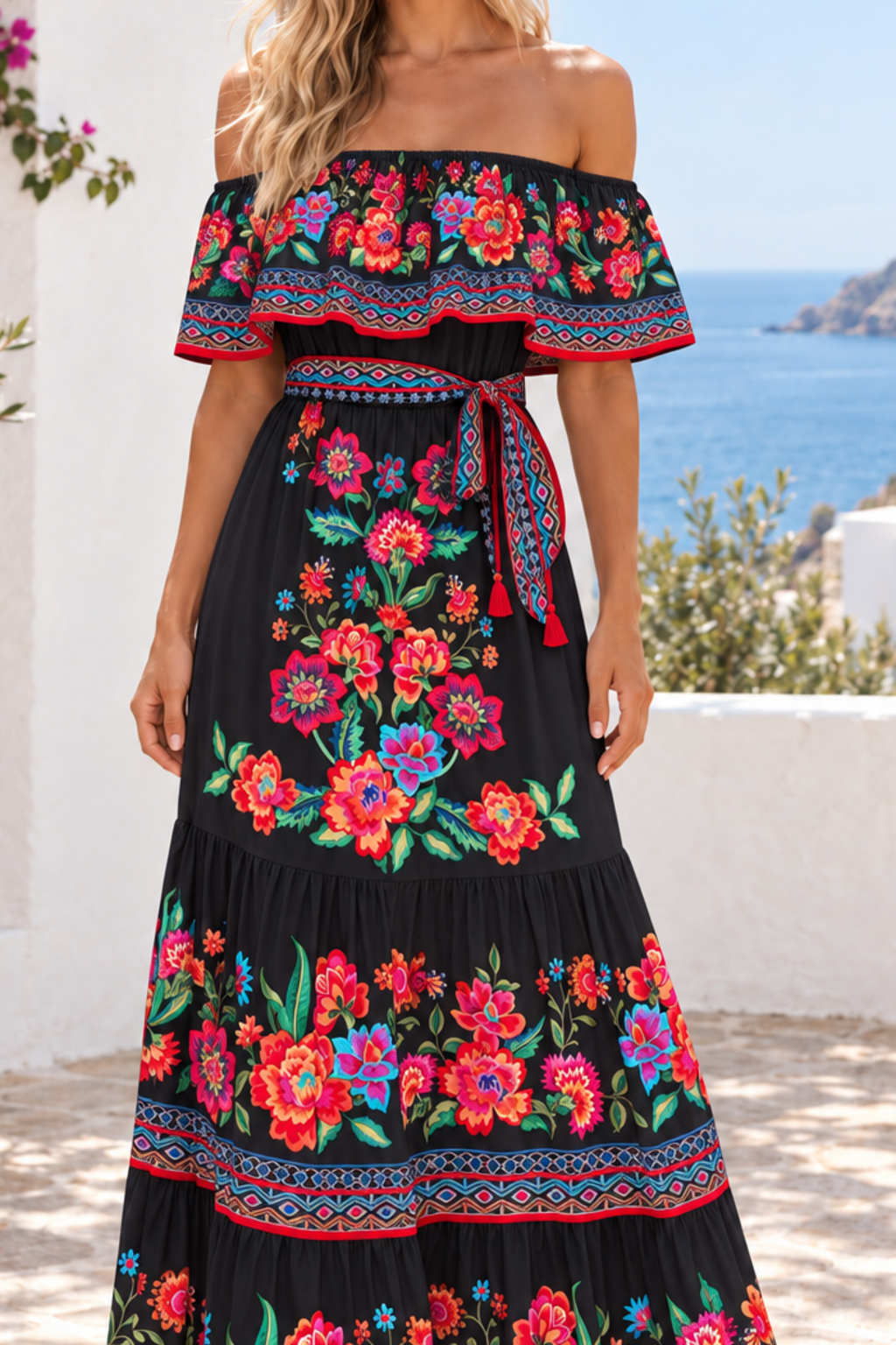 Floral Off Shoulder Ruffle Maxi Dress in Black, floral fabric and construction detail