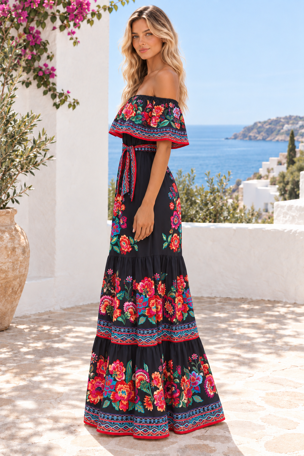 Floral Off Shoulder Ruffle Maxi Dress in Black, side profile view