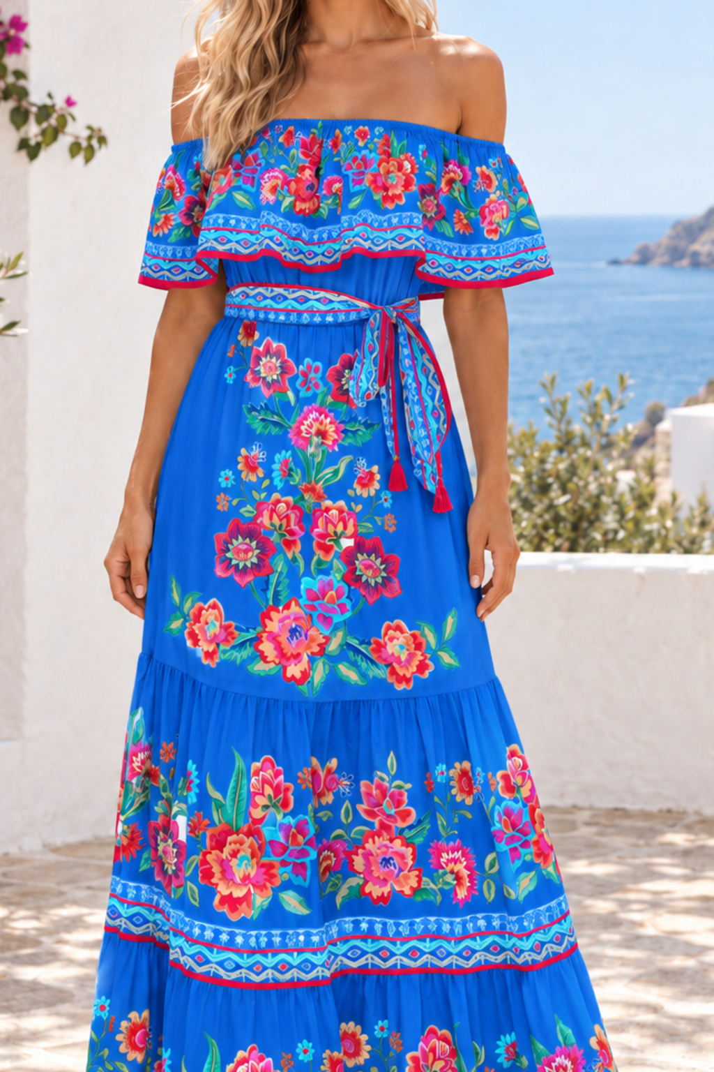 Floral Off Shoulder Ruffle Maxi Dress in Blue, floral fabric and construction detail