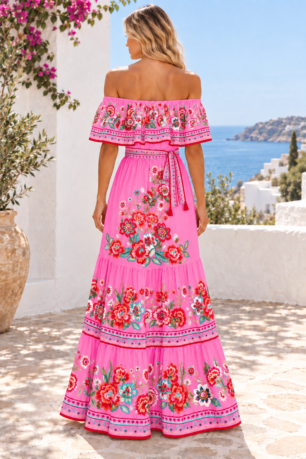 Floral Off Shoulder Ruffle Maxi Dress in Fuchsia Pink, back full-length view