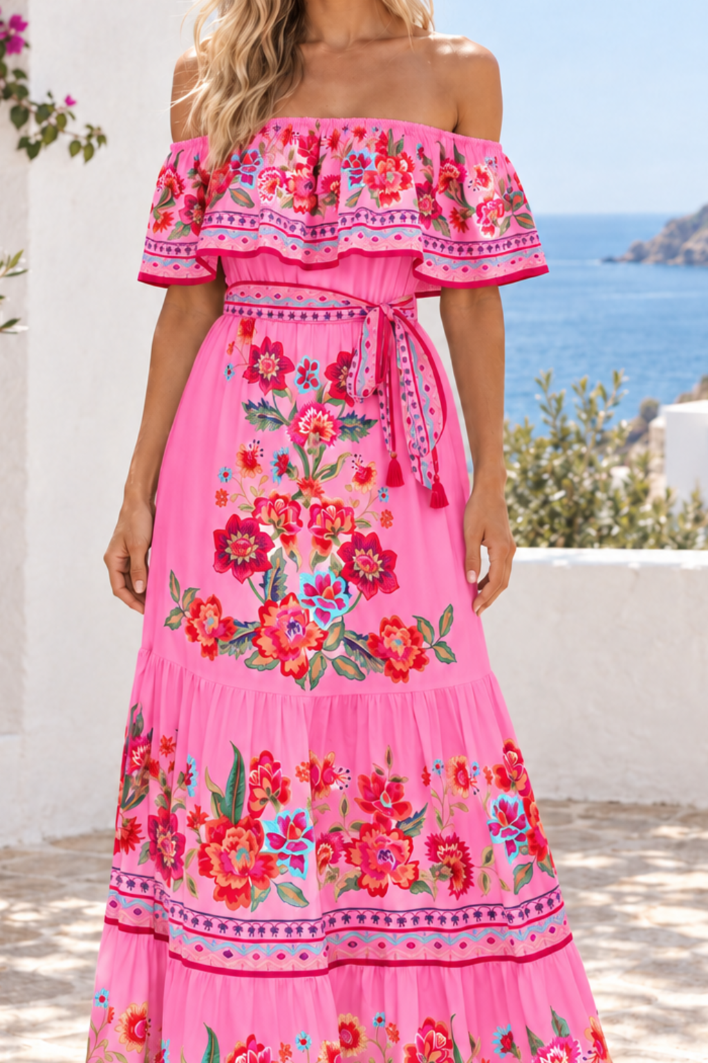 Floral Off Shoulder Ruffle Maxi Dress in Fuchsia Pink, floral fabric and construction detail