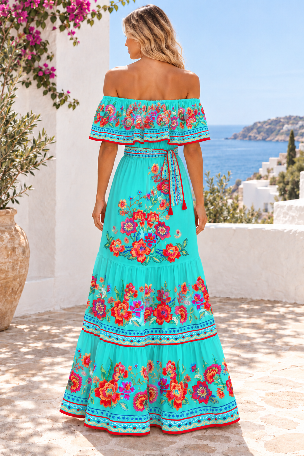 Floral Off Shoulder Ruffle Maxi Dress in Turquoise, back full-length view