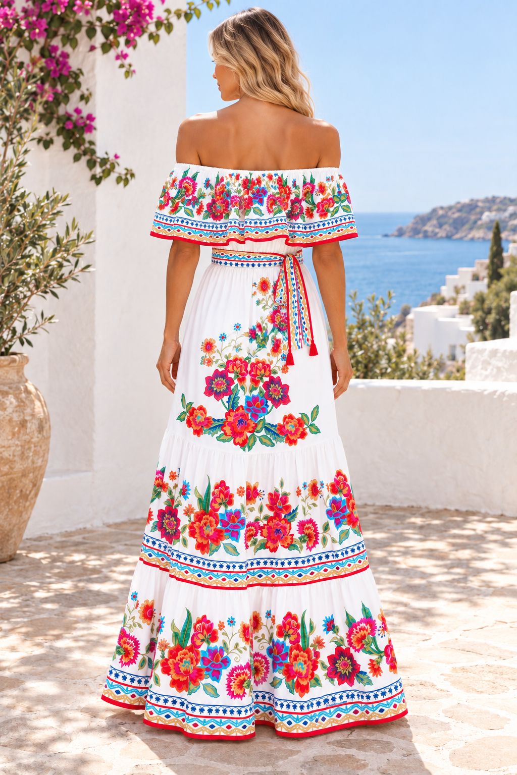 Floral Off Shoulder Ruffle Maxi Dress in White, back full-length view