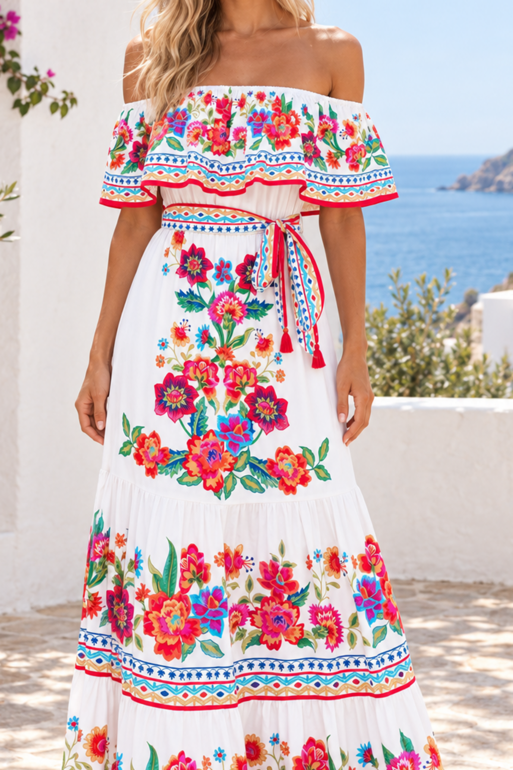 Floral Off Shoulder Ruffle Maxi Dress in White, floral fabric and construction detail