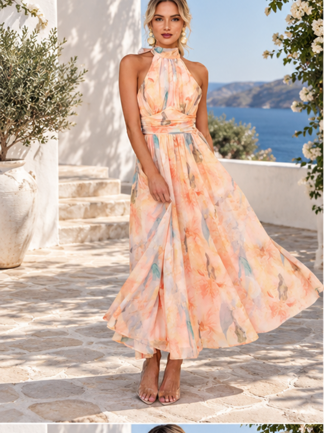 Front full-length view of sherbet floral halter neck maxi dress
