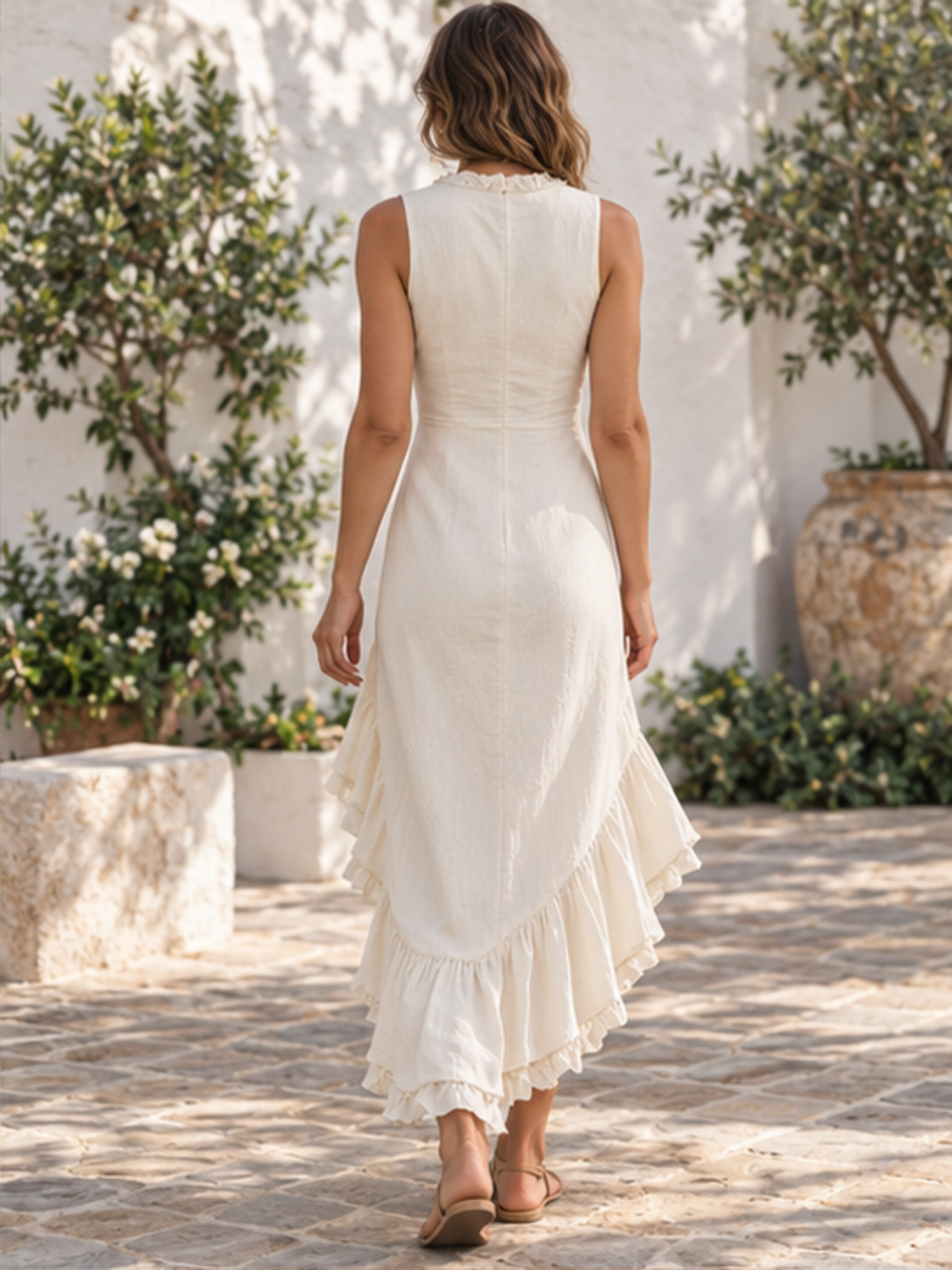 Ivory asymmetrical ruffle sleeveless dress, back full-length view