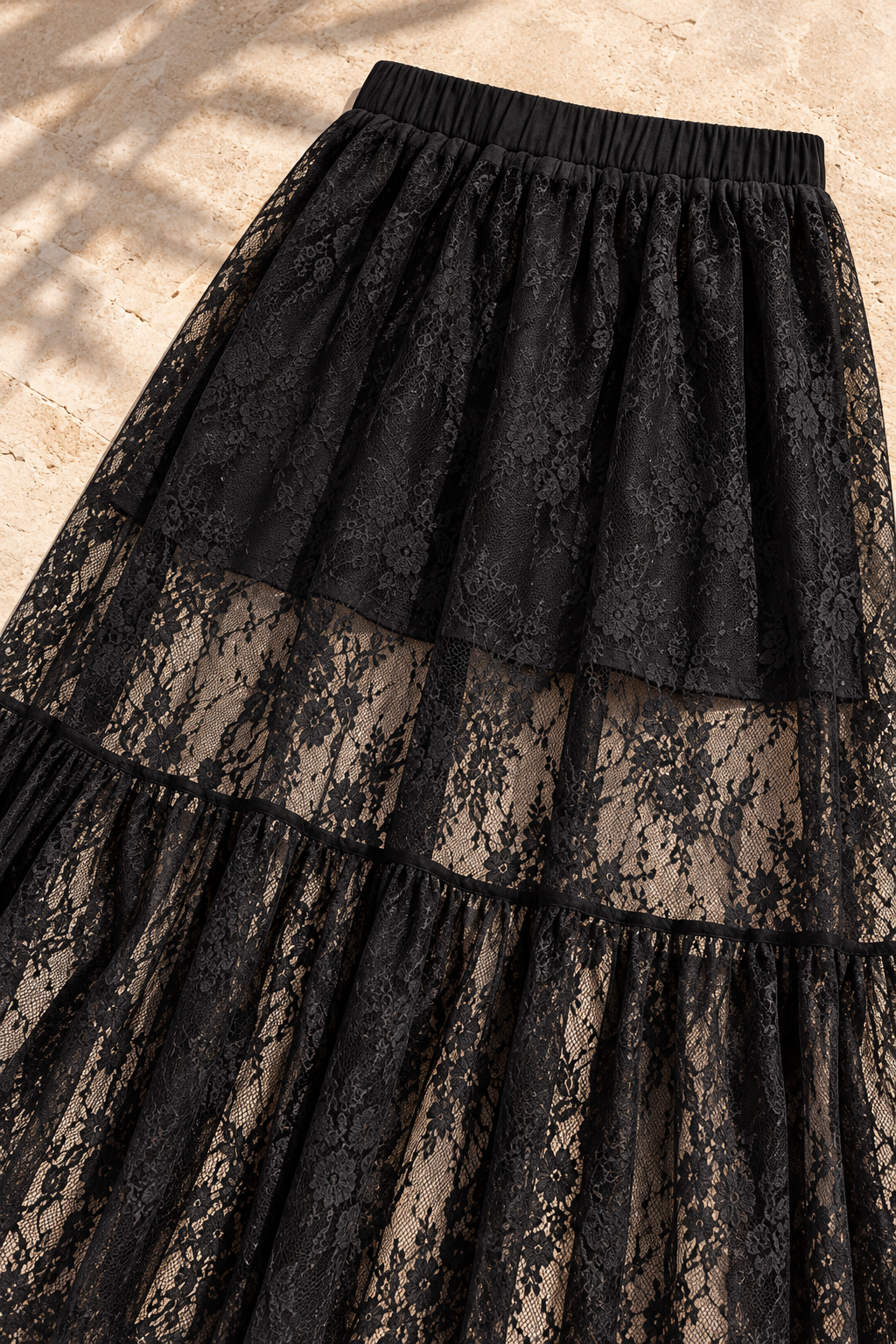 Lace Elastic Waist Maxi Skirt in Black, waistband lining and floral lace construction detail