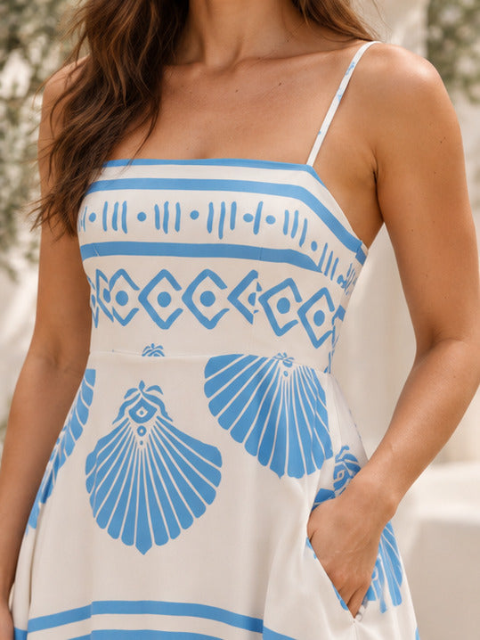Seashell Print Spaghetti Strap Maxi Dress in Light Blue, fabric, print and pocket detail