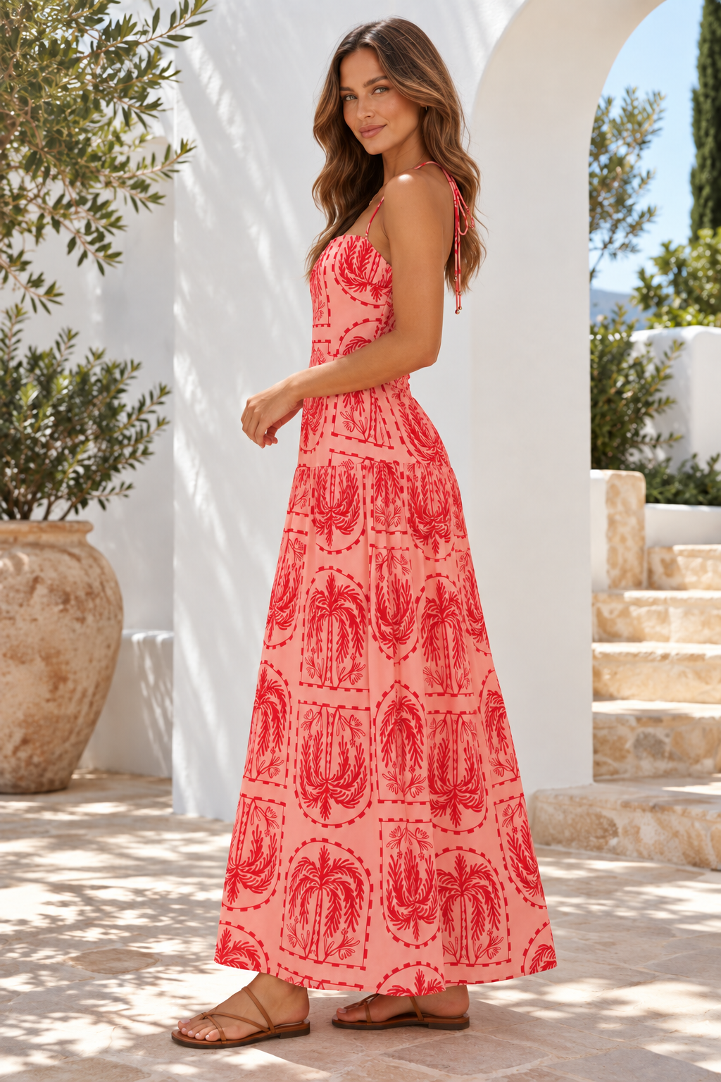 Printed Halter Neck Maxi Dress in Coral, side profile view