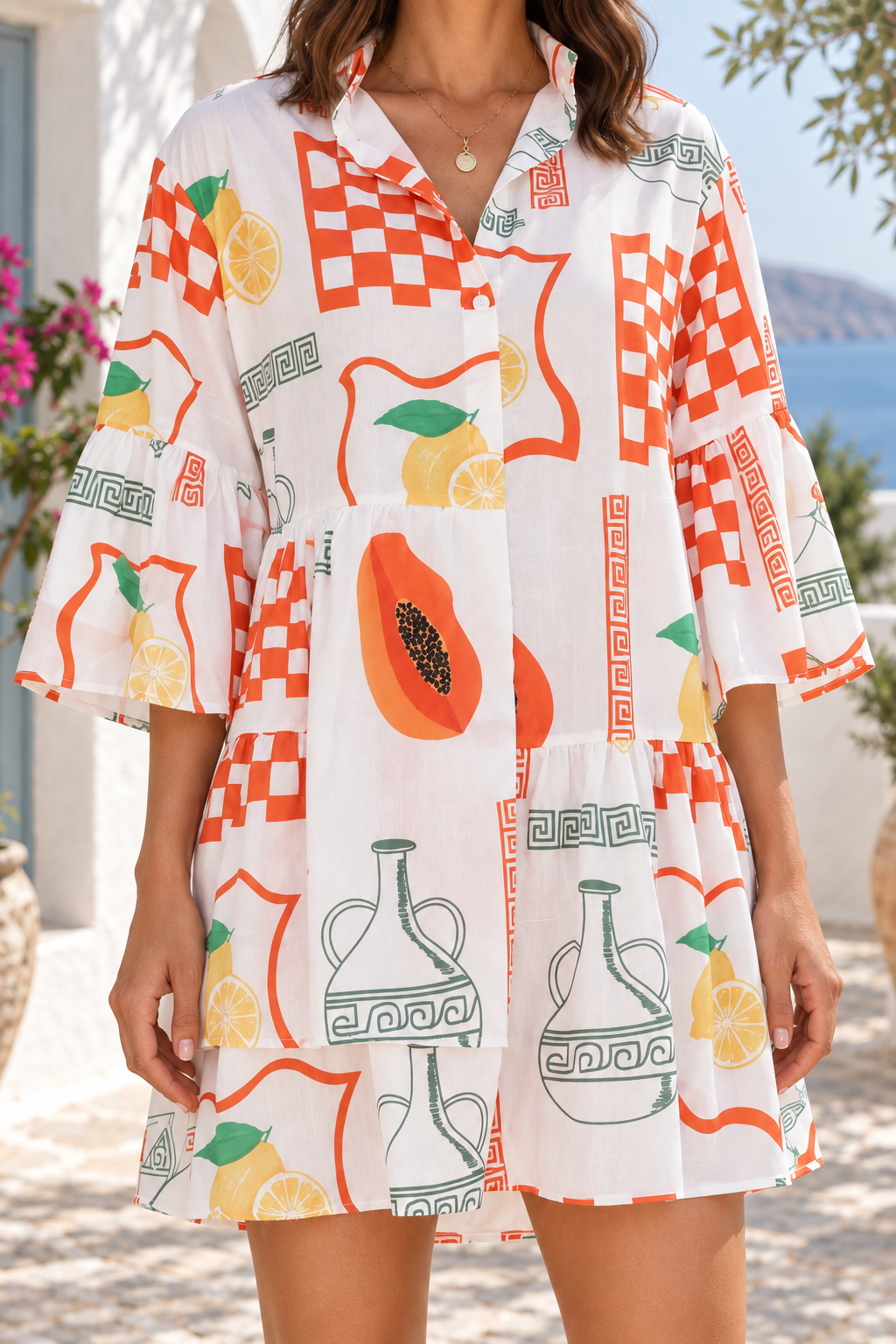 Printed Three-Quarter Sleeve Mini Dress in Orange, fabric and construction detail