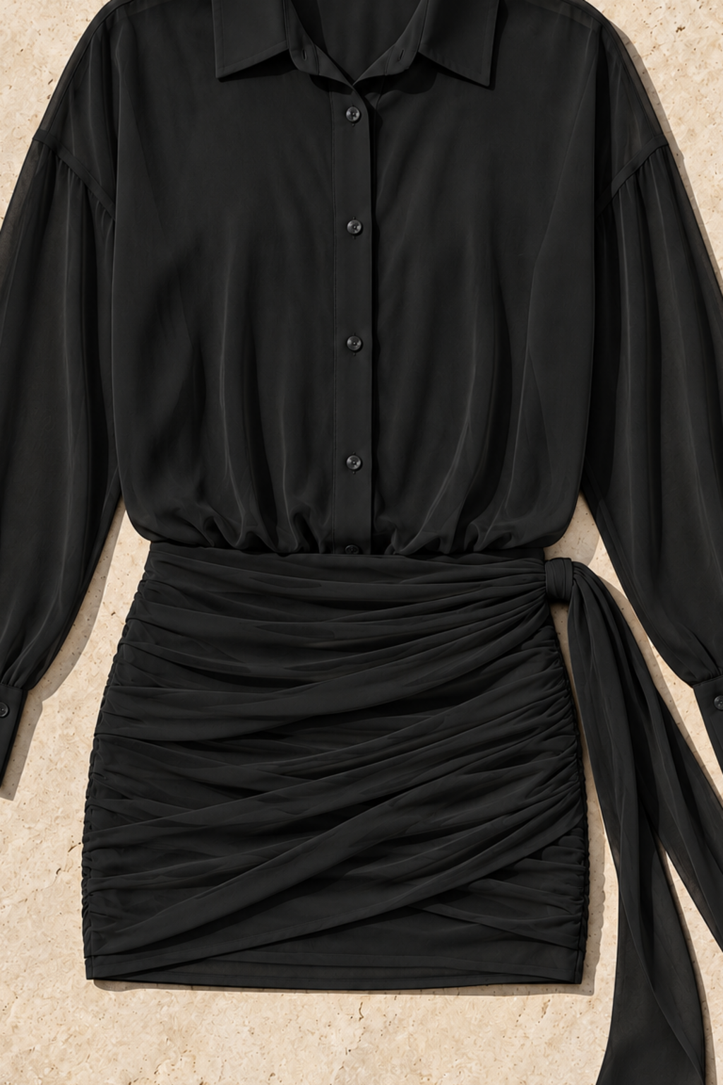 Sheer Button-Down Mini Shirt Dress with Back Tie in Black, fabric and construction detail