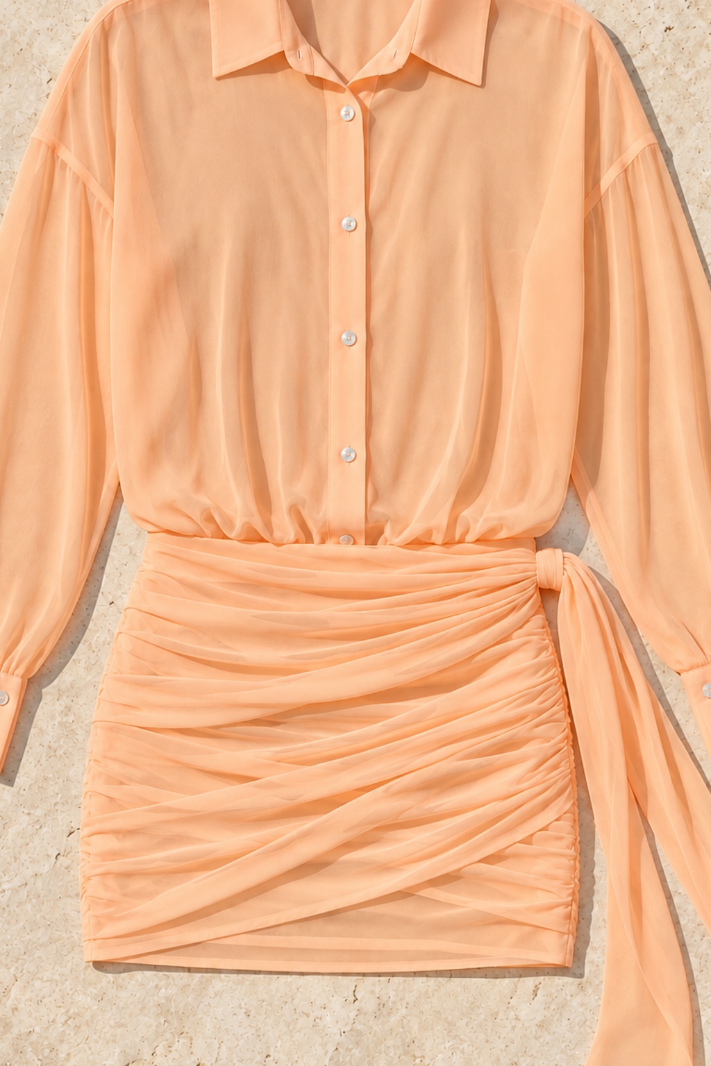 Sheer Button-Down Mini Shirt Dress with Back Tie in Sherbet, fabric and construction detail
