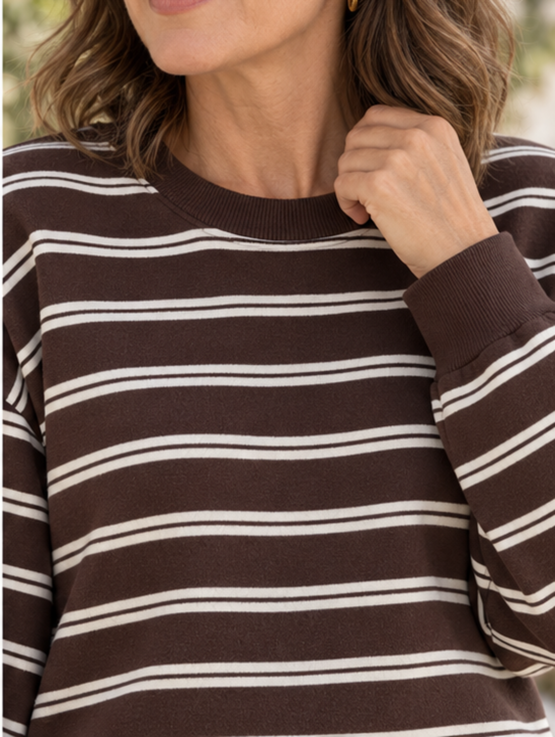 Striped long-sleeve crew-neck top, close-up of knit, double stripes, neckline and cuff