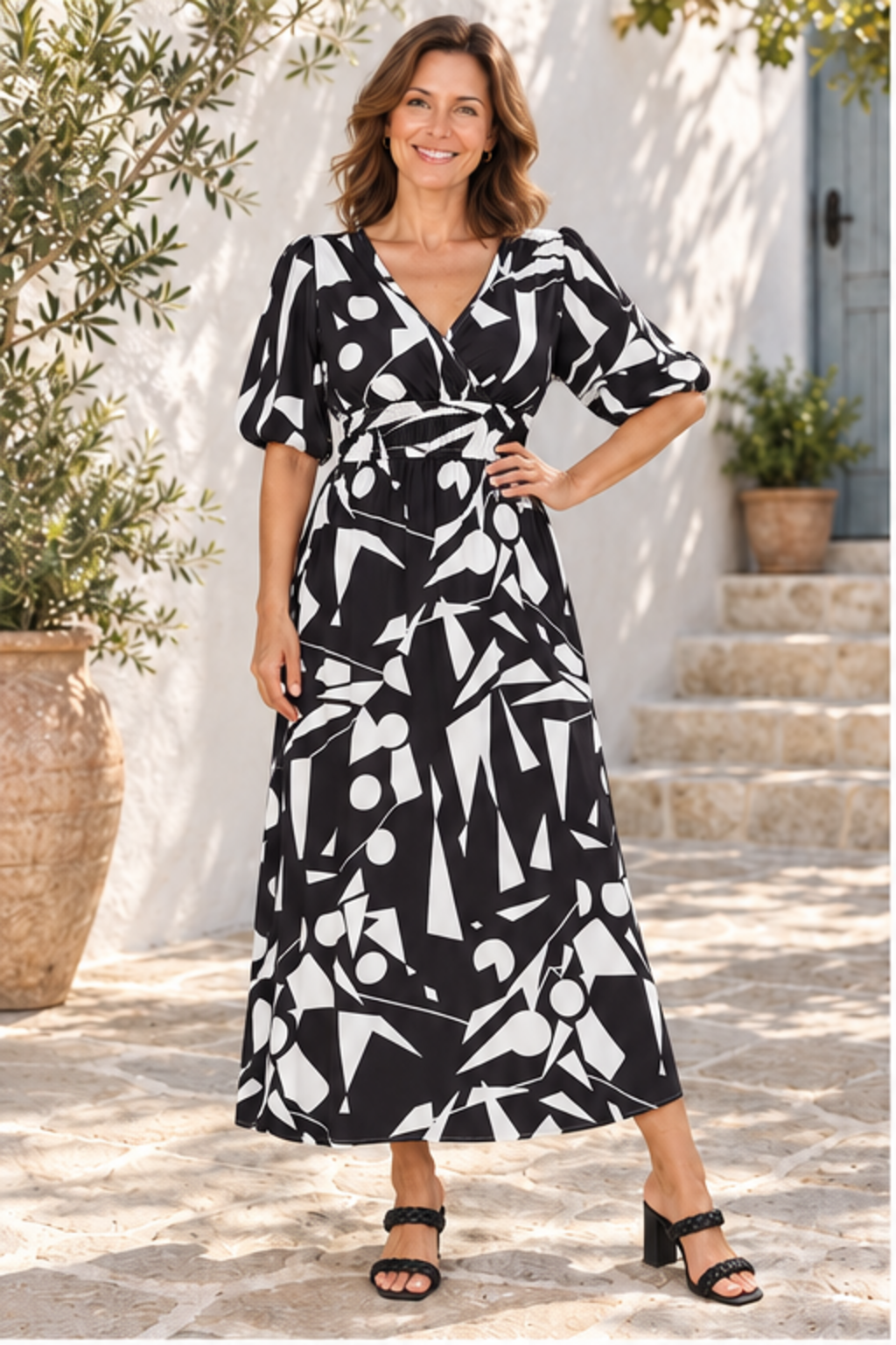 Printed surplice balloon sleeve dress in black, front full-length view