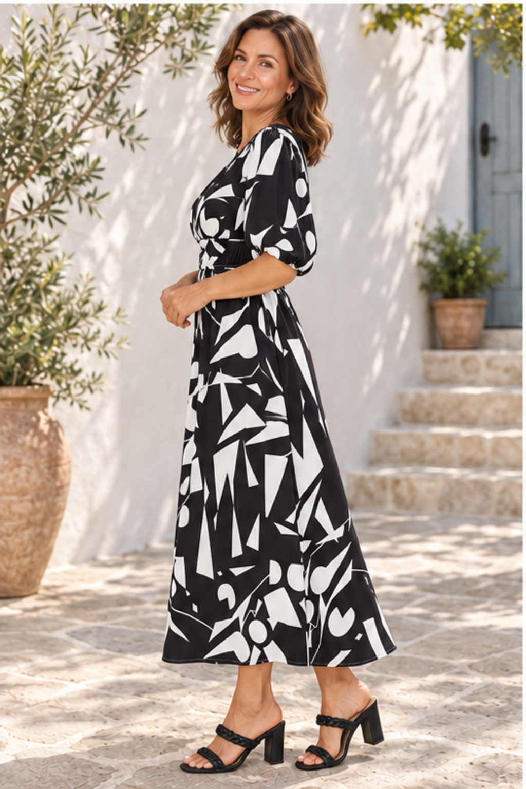 Printed surplice balloon sleeve dress in black, side profile view