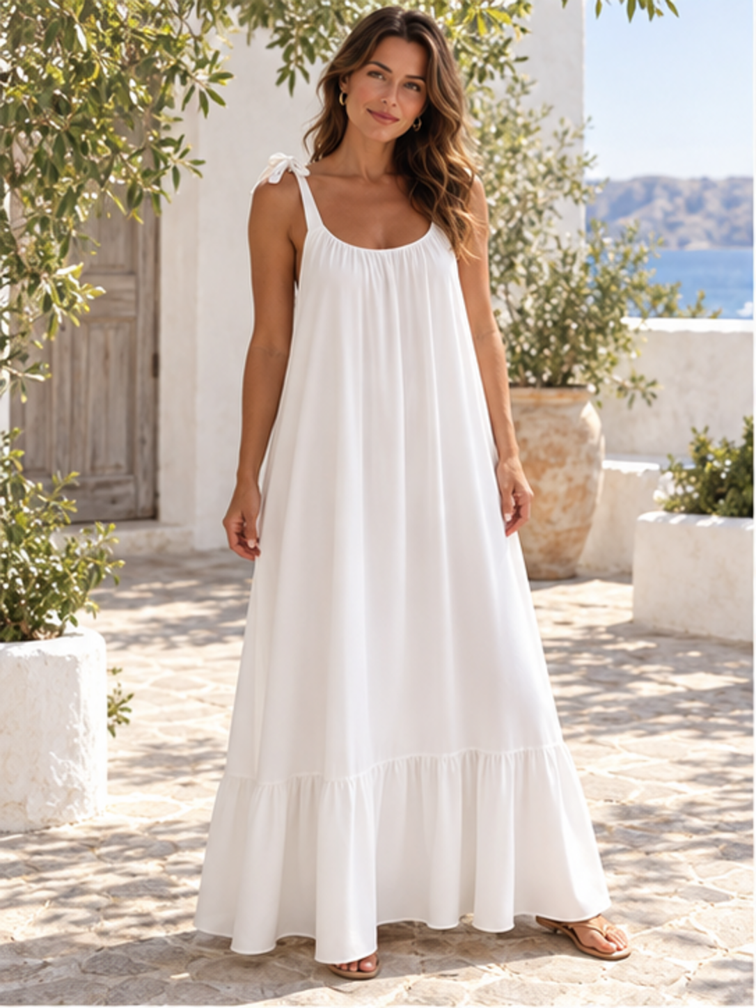 Sleeveless tie-strap flowy maxi dress in white, front full-length view