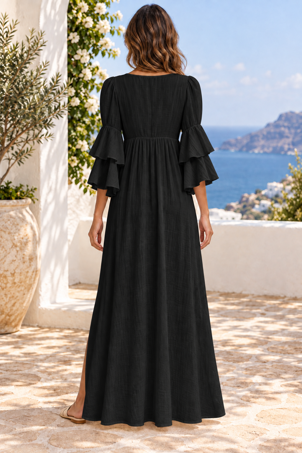 Tiered ruffle sleeves high slit V-neck maxi dress in Black — back full-length view